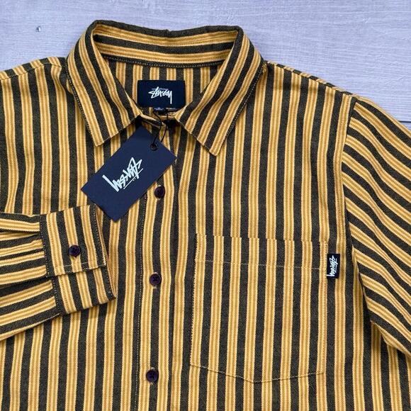 Stüssy Piper Stripe LS Shirt Men Size Small Gold Black Vertical Stripes NWT $95 - Picture 1 of 8